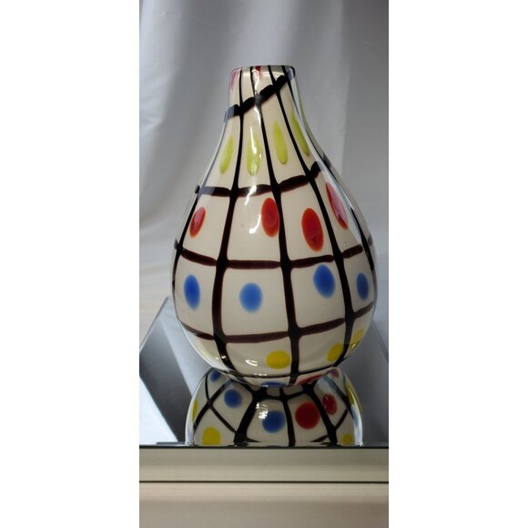 Vintage Blown Art Glass Vase Spotted Heavy Grid Pattern Design - Picture 2 of 5